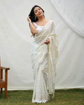 Primrose Milky White Heavy Chikankari Worked Georgette Saree